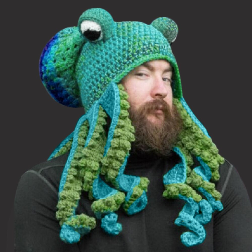 Knit Octopus Hats Beard Hand Weave Wool Christmas Cosplay Party Funny Tricky Headwear Warm Winter Men Hat Bonnet: Green