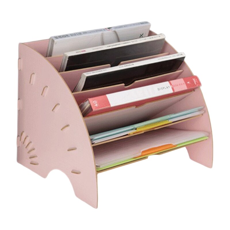 Fan-Shaped Wooden Desktop File Holder Office Desk Organizer Document File Cabinet Magazine Book Shelf Stationery Storage Supply: Pink