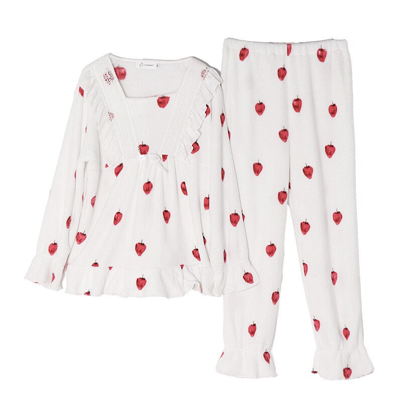 Otoño Invierno ropa de maternidad lactancia ropa de dormir franela fresa pijamas para mujeres embarazadas Tops + Pantalones: L