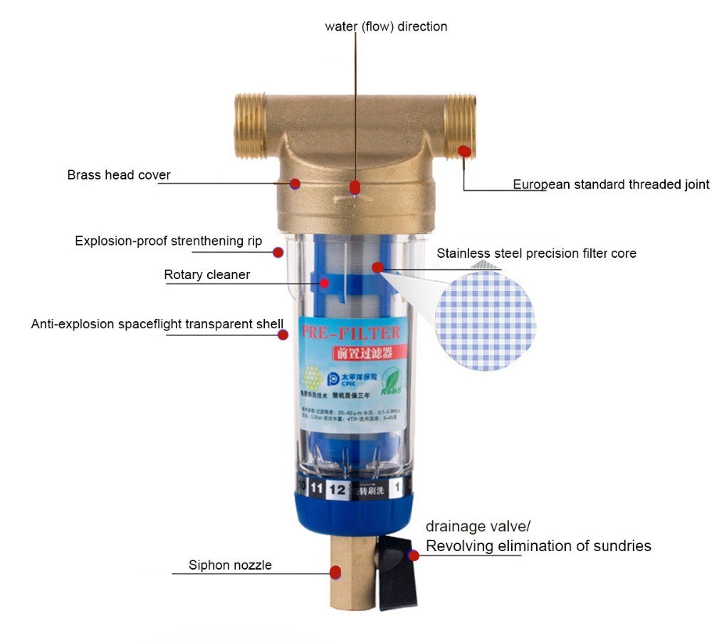 3/4"Male to 1/2"Female Thread Siphon backwash prefilter with wiper water purifier stainless steel copper whole house pre-filter