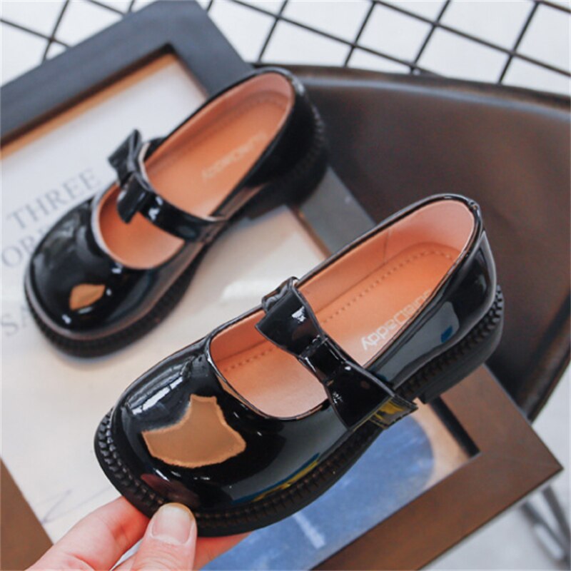 Zapatos de cuero con lazo negro para niños y niñas, mocasines de princesa, planos para estudiantes, primavera y otoño, 02