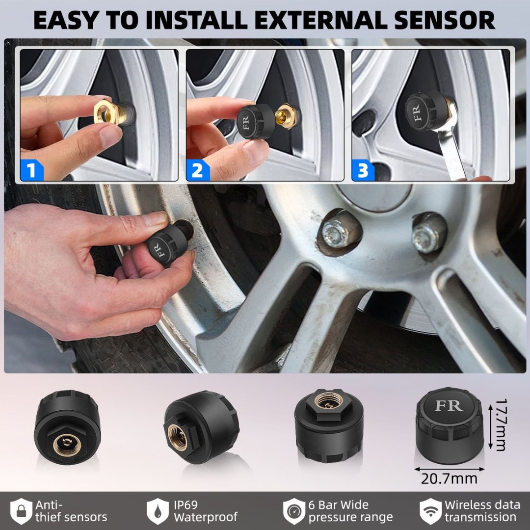 Tire Pressure Monitoring System Solar TPMS Sensors Temperature Warning Car TMPS 4 Wheel External Sensor Automobile Accessories