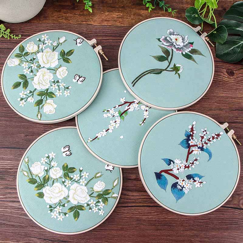 Hand Chinese Flower Embroidery Kits Needlework Kits Floral Cross Stitch Sets with Hoop Swing Art Wall Painting Home Decor