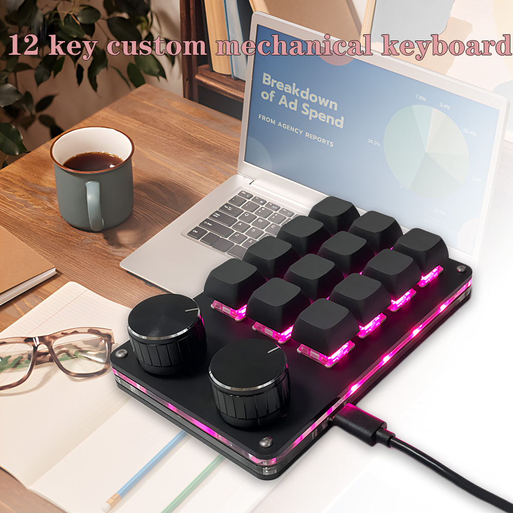 12 Keys Mini Mechanical Gaming Keyboard One Handed Keypad USB-C Wired Keypad Programmable and Swappable Keyboard for working