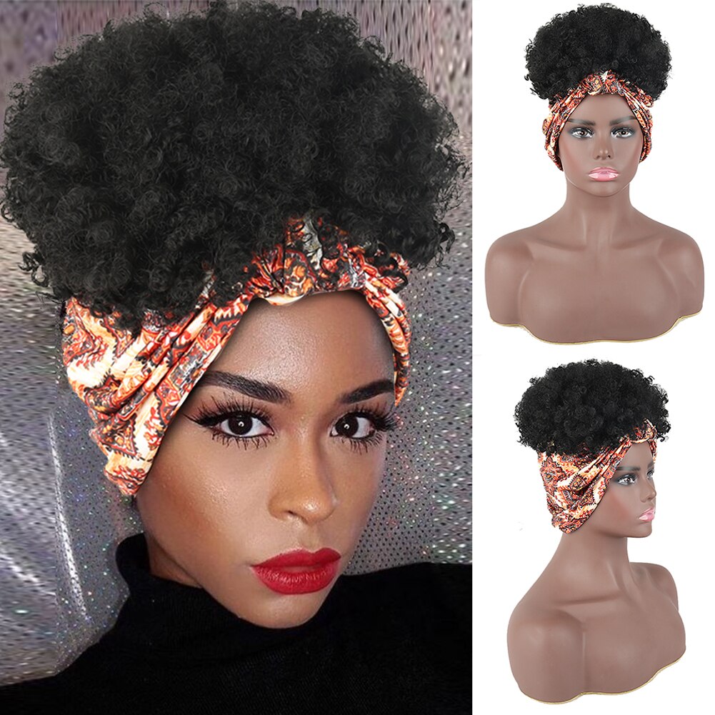 Deyngs-peluca envolvente de turbante 2 en 1, bandana Afro acolchada, moño corto, rizado, con cordón, peluca sintética, envoltura para cabeza, Afroamericana: 205 1B