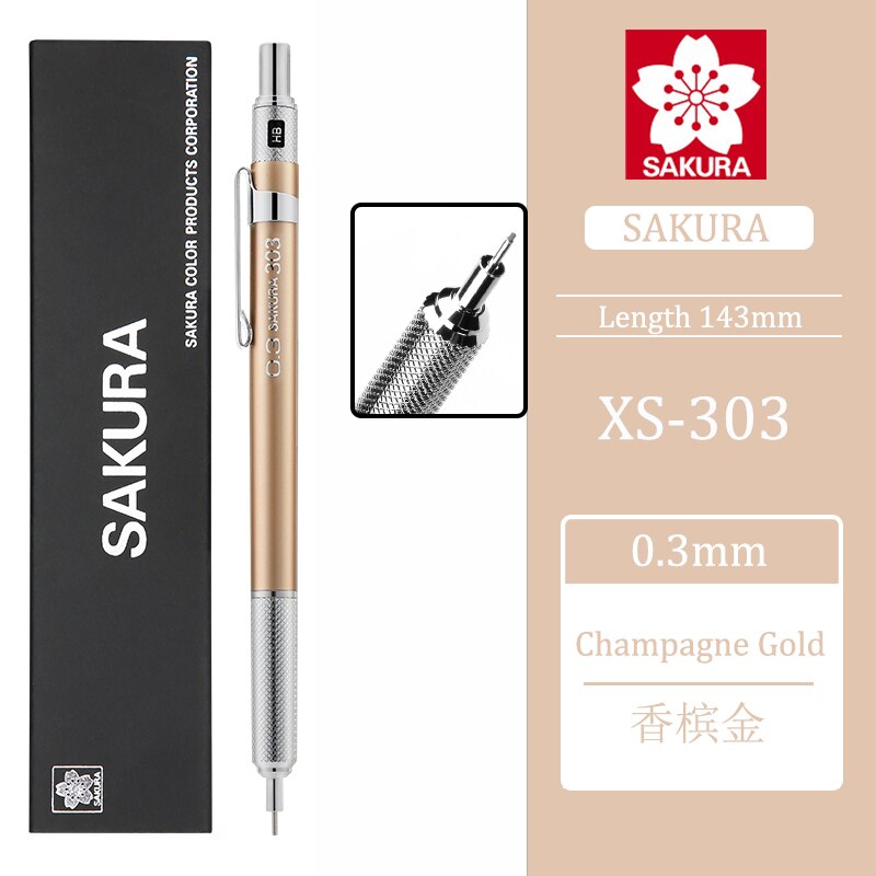 1Pcs Sakura XS-303 Metalen Staaf Anti-Gebroken Kern Tekening Automatische Potlood 0.3Mm/0.5Mm Niet te Breken Schets Hand Getekende Comics: 0.3 Champagne Gold