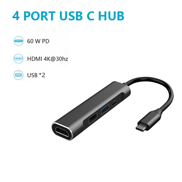 USB C HUB 5port USB 3.1 Type c Adapter to USB3.0 HDMI 4K 3.5MM headphone USB C PD Type c HUB: 4port