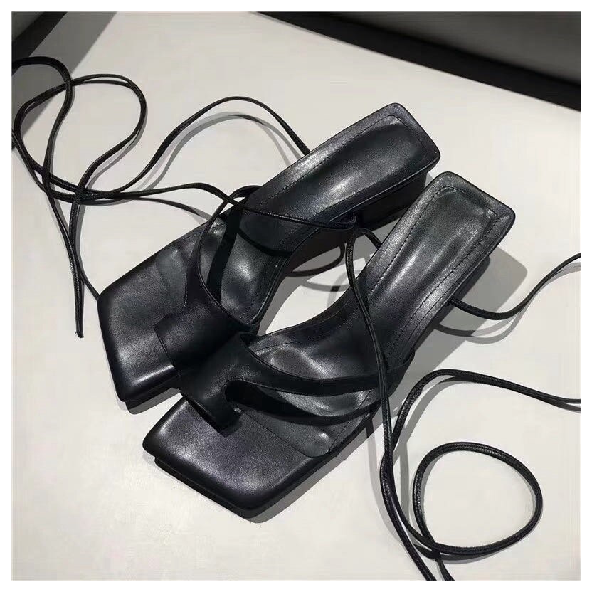 Sandalias de tacón bajo y punta cuadrada a la de para mujer, sandalias de gladiador con cordones, sandalias con correa en la espalda, zapatos de verano informales para mujer, sandalias de playa: Black / 6