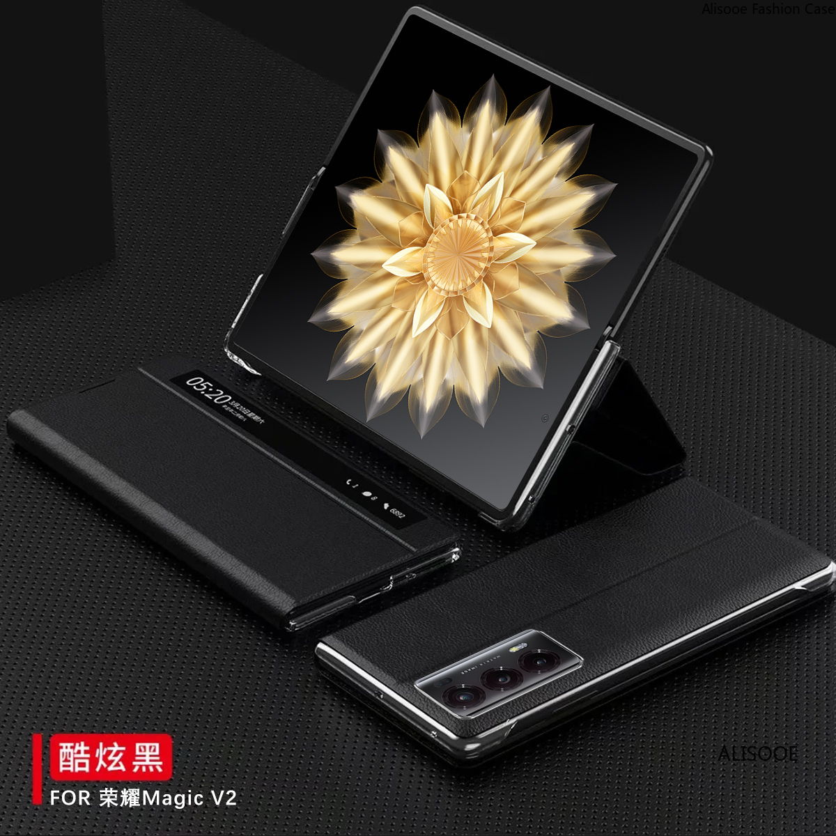 Flip Cover for Honor Magic V2 5G Case Luxury Leather Smart View Windows Protection Capa for Huawei Honor Magic V2 5G Funda: black