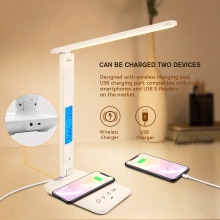 Qi trådløs frakt ledet skrivebordslampe 10w med kalendertemperatur vekkerklokke øyebeskyttelse leselys bordlampe laopao