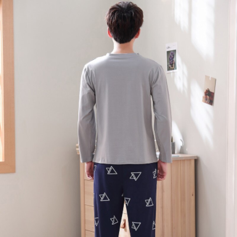 Pijama man klassisk åndbar soveskjorte i koreansk stil hjemmetøj langærmet bomuld rundhalset pjs