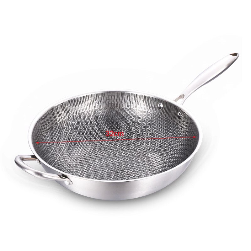 Rustfrit stål wok tyk honningkage håndlavet stegepande non stick ikke rustende gas / induktion komfur køkken køkkengrej: Dia 32cm