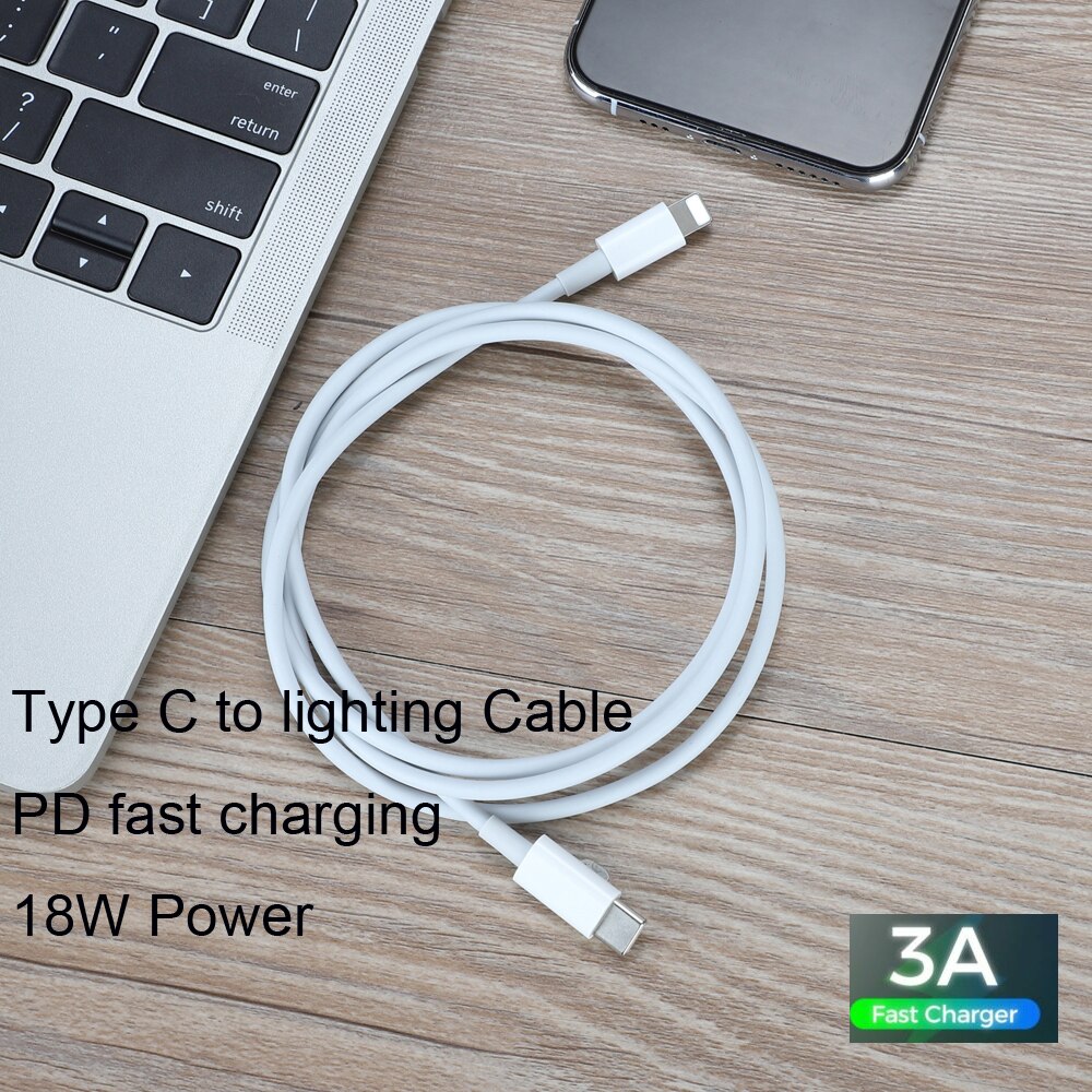 Câble rond USB 18W PD de Type C à 8 broches pour recharge rapide et synchronisation des données, cordon de chargeur pour iPhone X, 10, 8, 8 plus, 1m