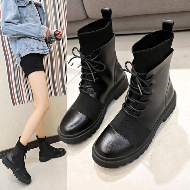 Primavera botas Mujer Zapatos Mujer botas plana redonda PU botines primavera encaje elástico botas negras botas cómodas