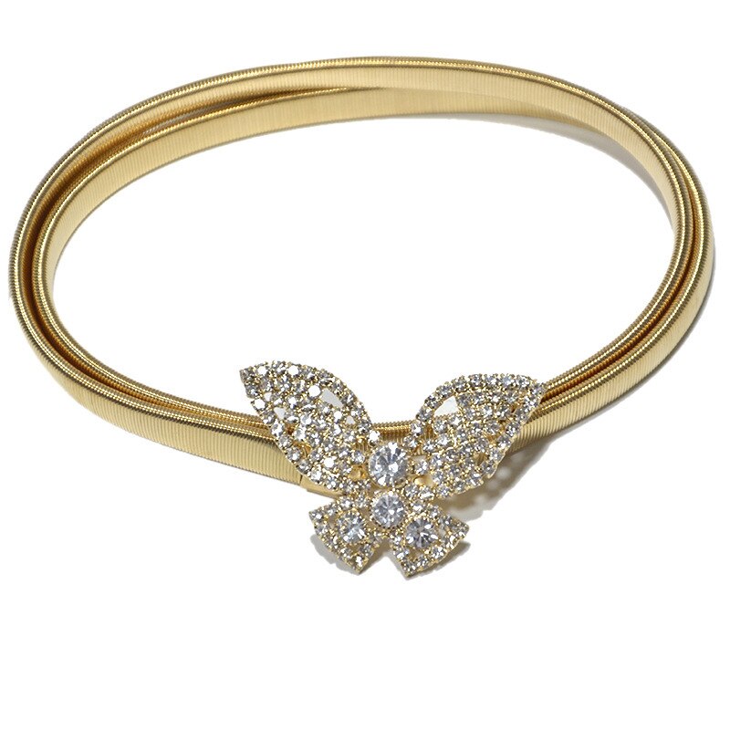 Womens Elastic Metal Waist Belts Women Silver Gold Chain Belts Female Heart Buckle Belts For Ladies Dresses: ButterflyGold