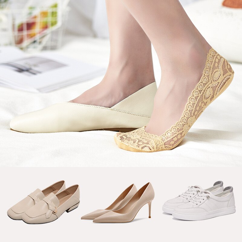 5 Pairs Vrouwen Kant Onzichtbare Sokken Siliconen Antislip Katoen Mode Sokjes Slippers Vrouwelijke Zomer Dunne No Show boot Sokken