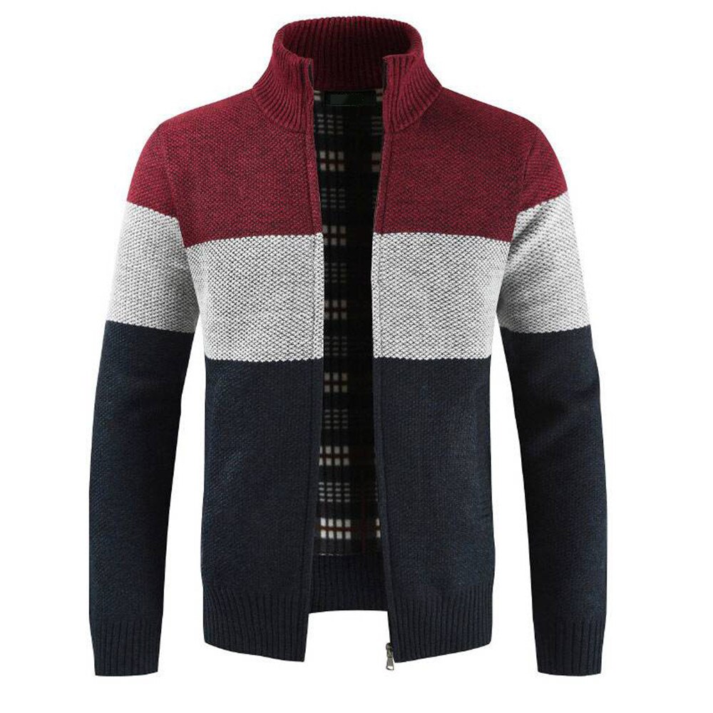 Herr ull cardigan tröja ledig tröja randiga fickor stickad ytterkappa för höst vinter