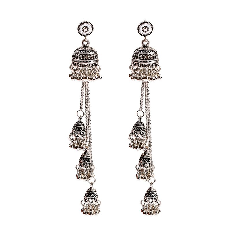 Ethnic Gold Afghan Long Tassel Bead Earrinngs Bollywood Jewellery Bell Jhumka Indian Earrings Wedding Jewelry: Silver