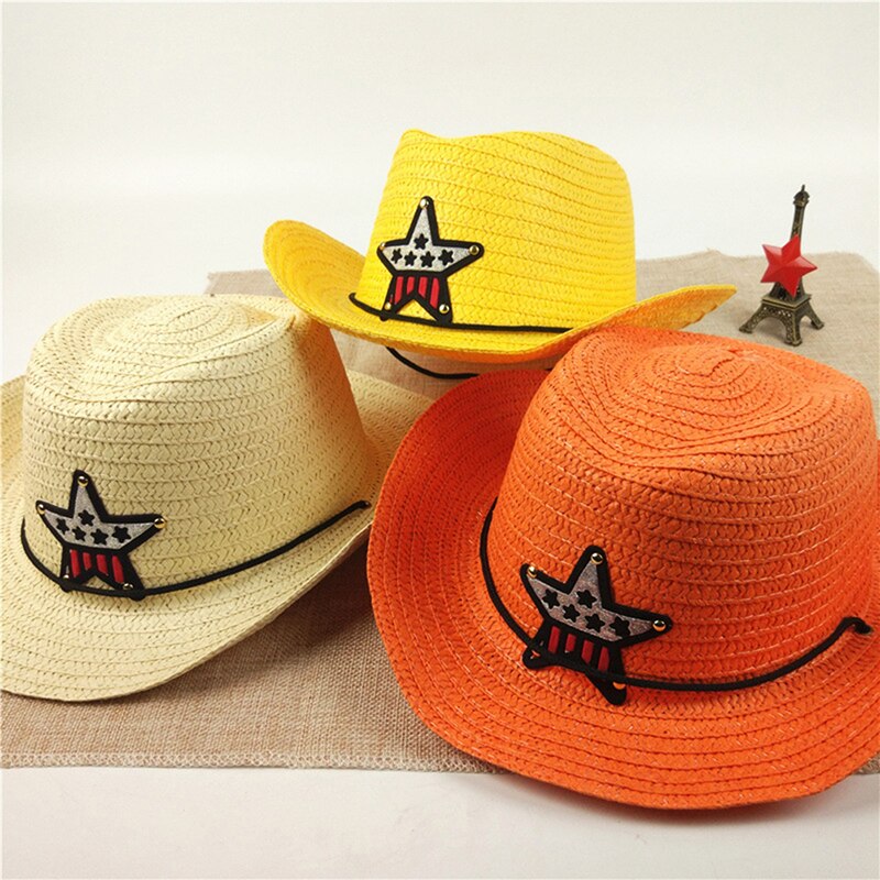 Sombrero de vaquero para niños Sombrero de Paja de verano sombrero de sol con parche de estrella de cinco puntas para niños y niñas