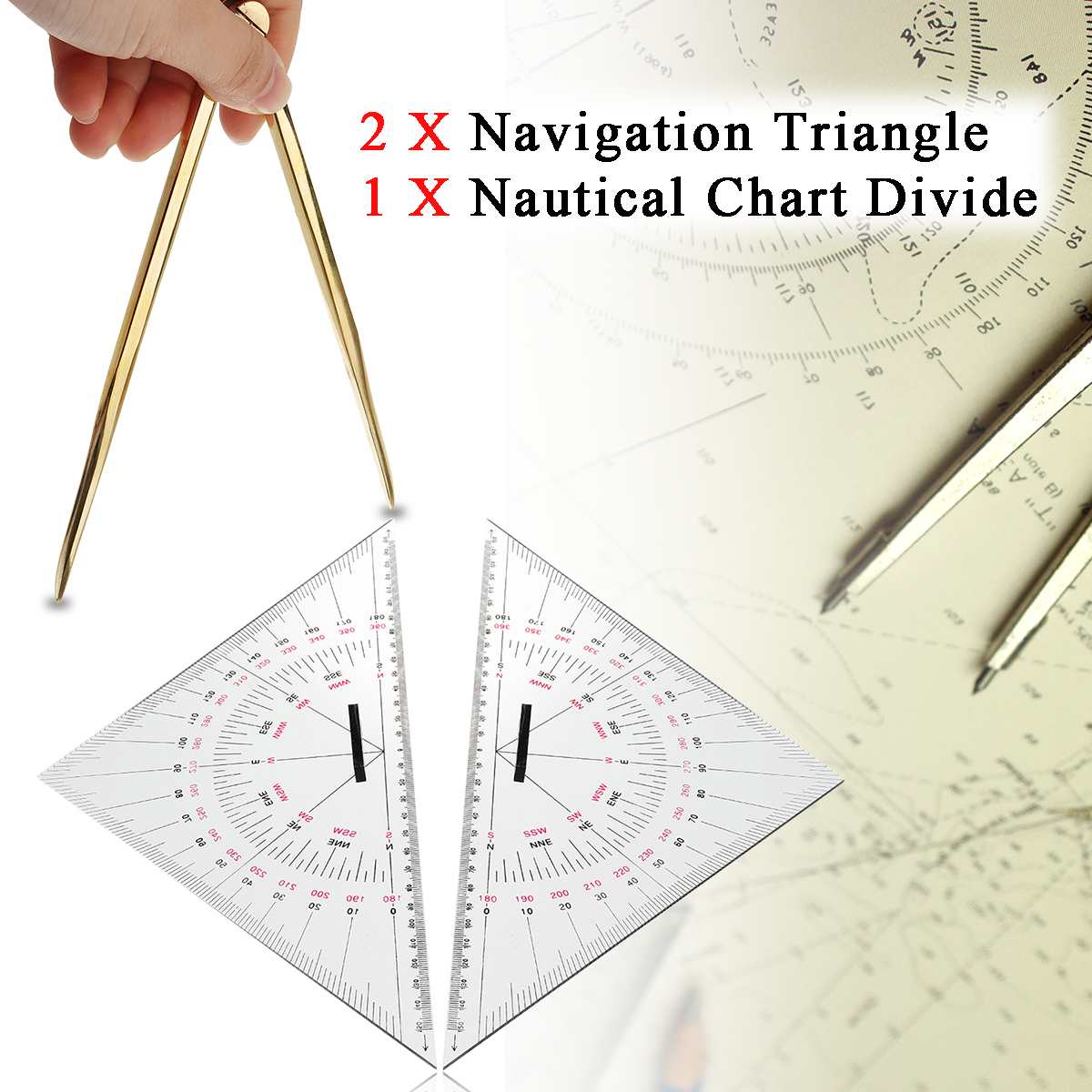 2Pcs 300m Navigation Triangular Protractor + 168mm Nautical Chart Divider Measurement Tools Suitable for Marine Navigation