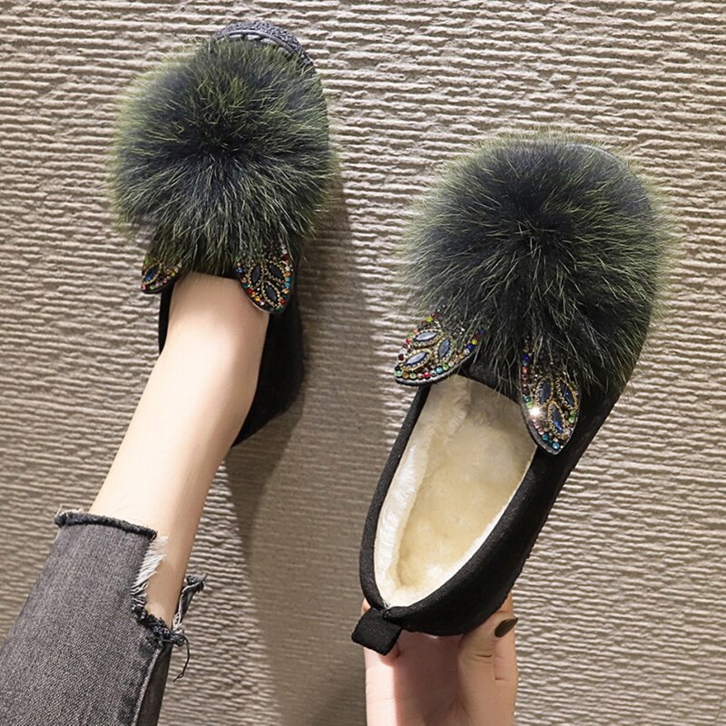 Winter Bont Flats Vrouw Schoenen Suède Muilezels Pluche Harige Mocassins Dames Casual Warm Houden Korte Pluche Schoenen Vrouwen Flats: green 2 / 6.5