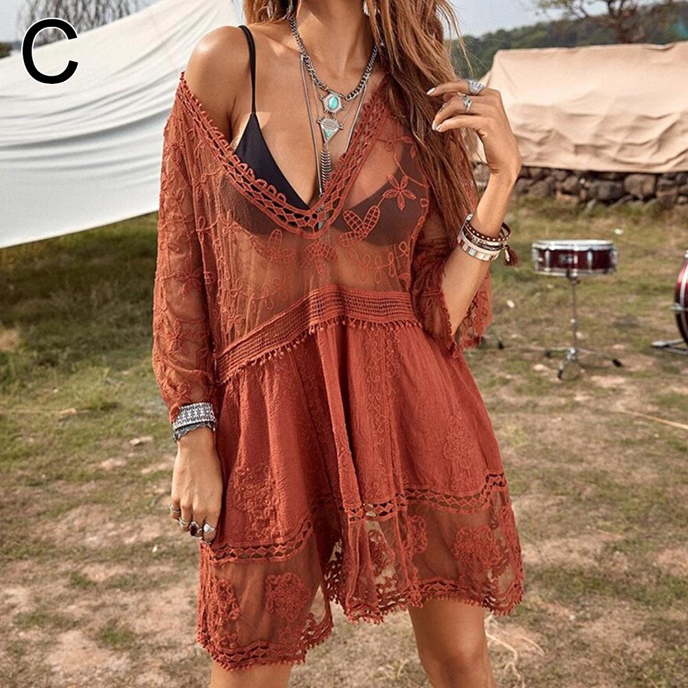 Sexy Women's Mesh Bikini Cover-up Deep V-neck Swimsuit Set Summer Beach Short Sleeve Dress Lace Hollow Out Clothes: Lavender