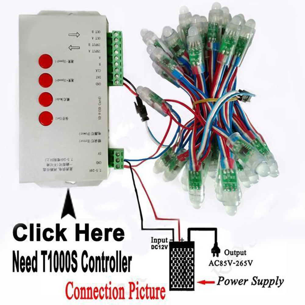 100 st  dc5v ws2811 pixlar digitala adresserbara led strängljus 12mm med spi  t1000s led pixel controller sd-kort rgb controller