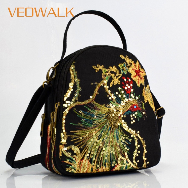 Veowalk femmes sacs de messager National paon Sequin broderie Mini toile Totes fermeture éclair téléphone portable porte-monnaie épaule