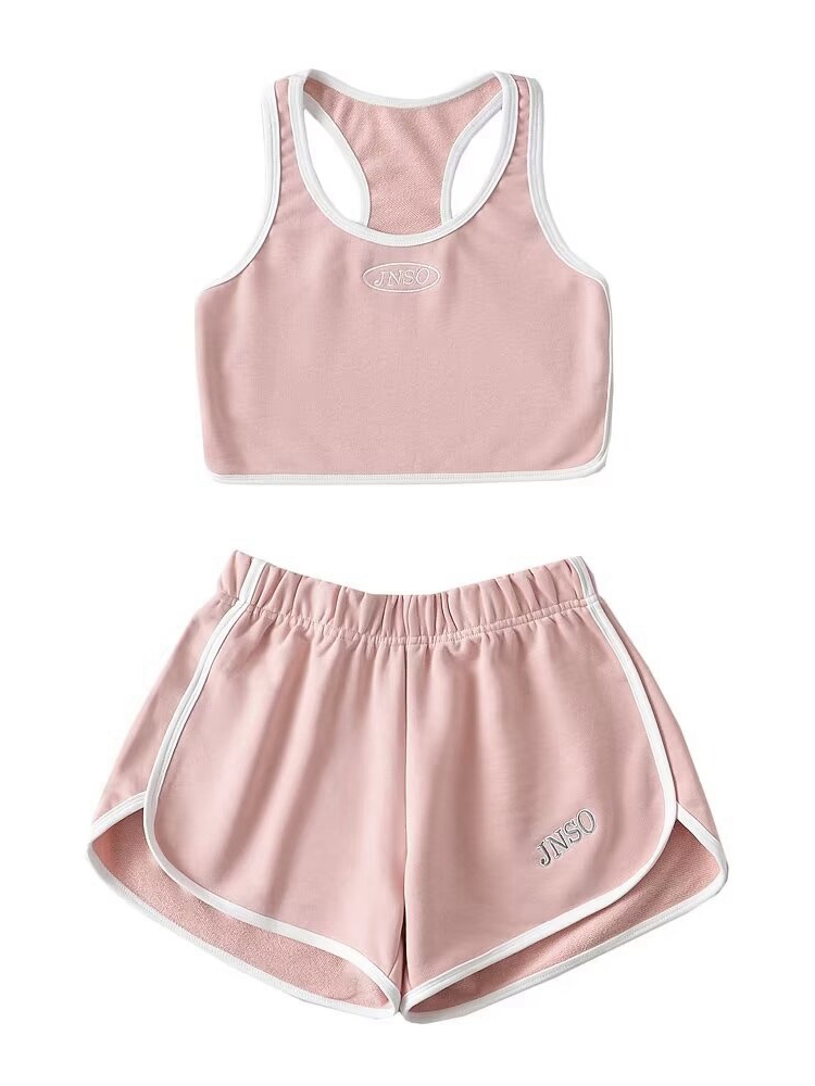 Tangada Tracksuits Two Piece Set White Tank and Shorts 2T83: L / Pink