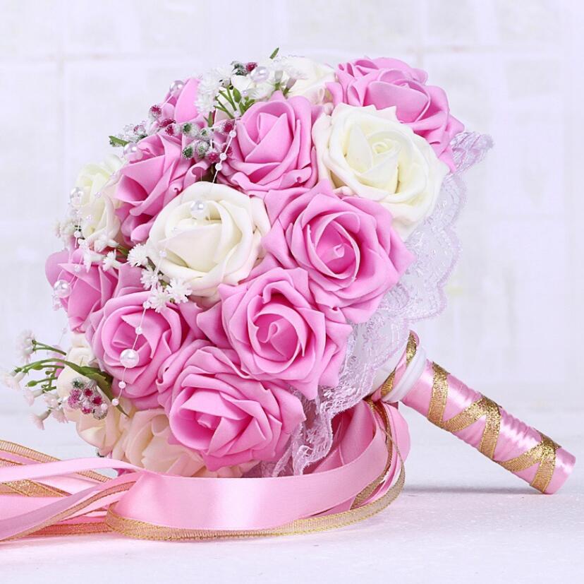 Bourgondië Wedding Boeket Roze/Rood/Wit/Bourgondië Bridal Bruidsmeisje Bloem Kunstmatige Bloem Roos Boeket Bruid AA130: pink plus white