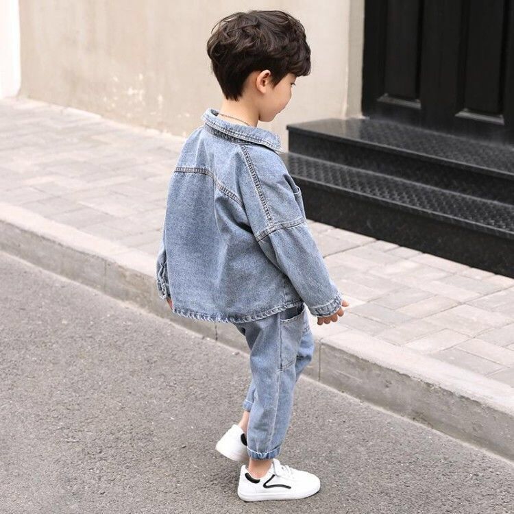 Baby boys clothes sets 4-13 years old spring and autumn 2-pieces-sets Korean Solid color big pocket denim suit coat +jeans