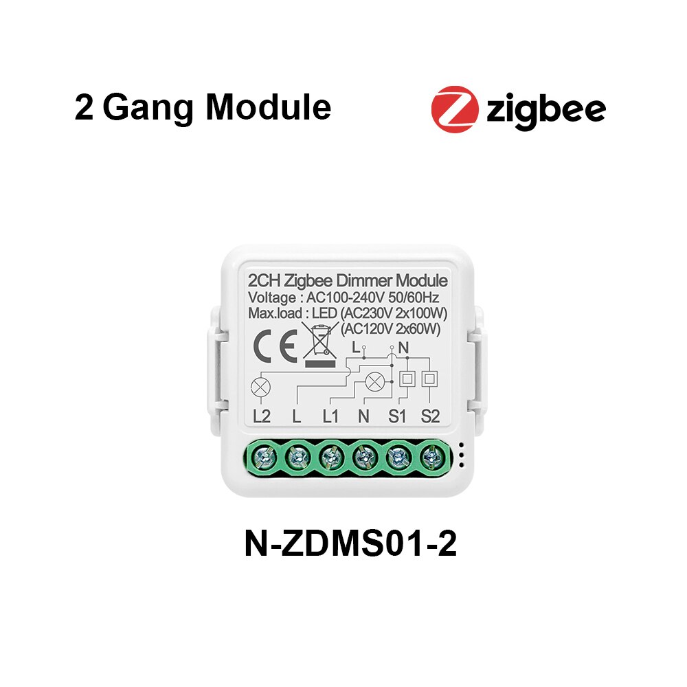 Avatto 1/2 gang tuya zigbee lysdæmper modul med 2 -vejs kontrol, smart pære lysdæmper kontakt fungerer for alexa google home: 2 gangs zigbee lysdæmper