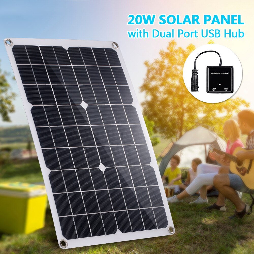 Zonnepaneel Kit 20W Zonnecellen Usb Hub Auto Oplaadkabel Krokodil Clip Oplaadkabel Module Dc Solar Outdoor lader
