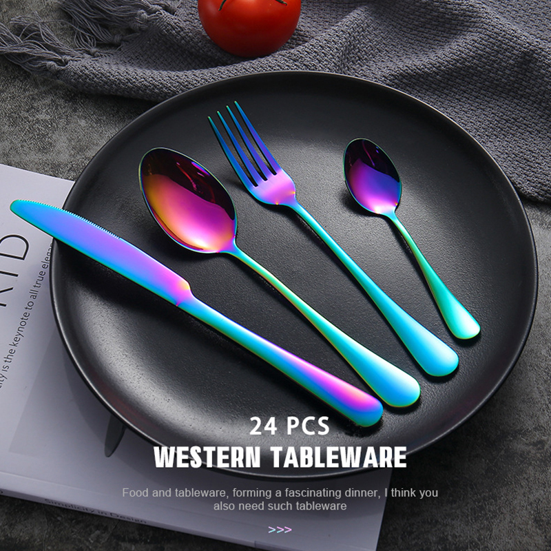 24 PCS Black Western Stainless Steel Dinnerware Cutlery Set Fork Knife Spoon Flatware Silverware Set Tableware Set