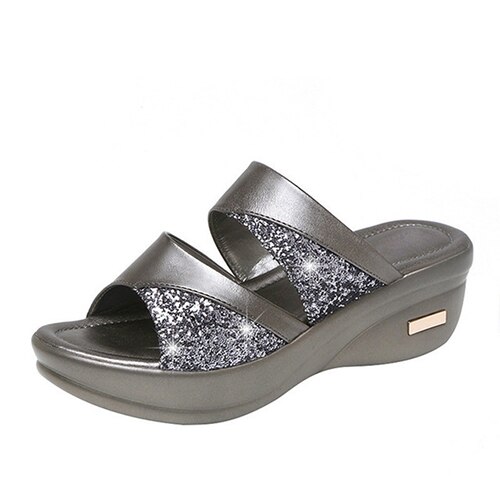 Femmes Bling cales femme été pantoufles dames plate-forme femmes en cuir PU femme chaussures de plage grande taille 43: Gray / 6.5