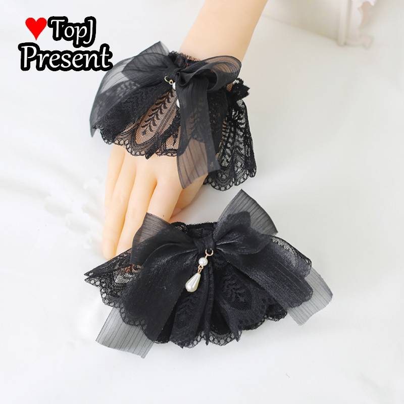 Lolita – bandeau en dentelle pour cheveux japonais, manches élégantes, fleurs blanches et noir, accessoire de cosplay Lolita: style 1