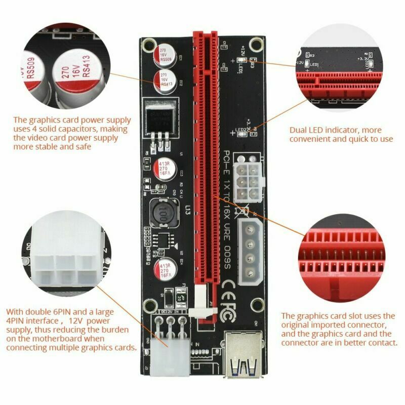 Ver 009s pci express nousukortti  m2 1x 16x dual 6 pin 4 pin power pci-e exte kaapeli