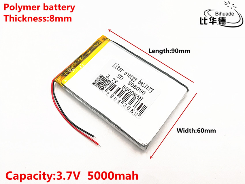 1 stks/partij Goede Qulity 3.7 V, 5000 mAH, 806090 lithium Polymeer ion/Li-Ion batterij voor SPEELGOED, POWER BANK, GPS, mp3, mp4