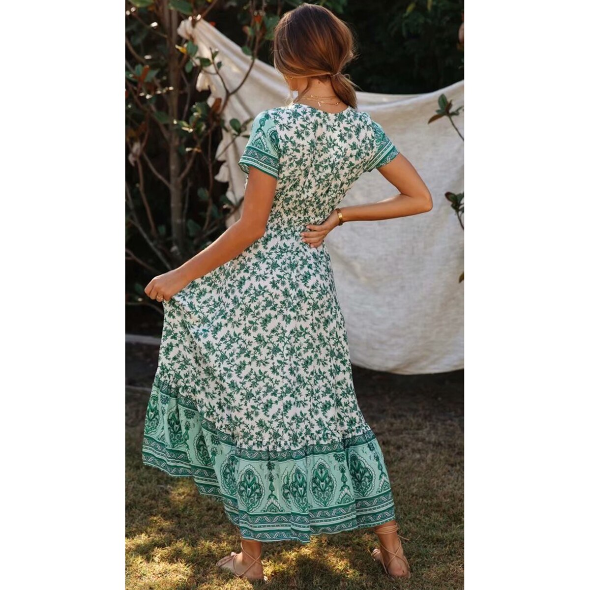 Bloemen Gedrukt Hippie Maxi Jurk Korte Mouwen V-hals Vintage Vestidos Zomer Beach Boho Casual Kleding lange Vrouwen Jurken