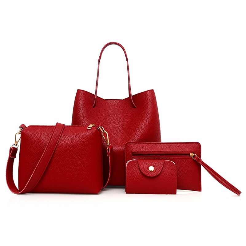 4PCs/set Women's Bag Solid Shoulder Bag Top-Handle Big Capacity Female Handbag Shoulder Bag Ladies PU Crossbody: Red