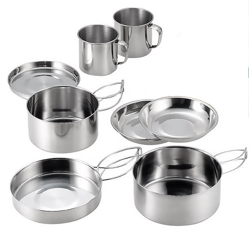 8Pcs Rvs Outdoor Picknick Pot Pan Kit Camping Wandelen Mini Kookgerei Bowl Cup Cover Koken Set Camping Apparatuur