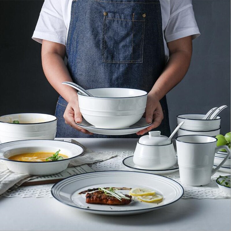 White screw Thread Dinner Plate Ceramic Kitchen Plate Tableware Set Food Dishes Rice Salad Noodles Bowl Soup Bowl 1pc