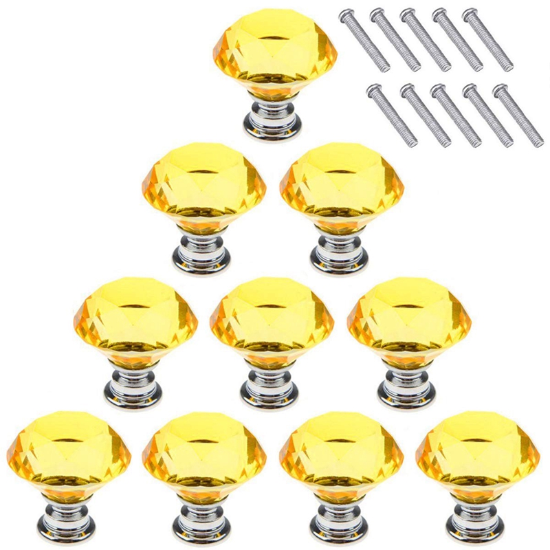 Stor gul 10 stk 40mm krystal glas skabsknopper diamant form skuffe køkkenskabe kommode skab garderobe trækker
