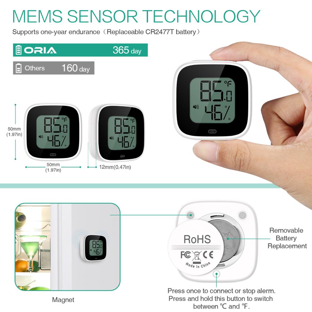 ORIA Wireless Thermometer Hygrometer Mini Bluetooth 5.0 Humidity Temperature Sensor Alert Build-in Magnet for House