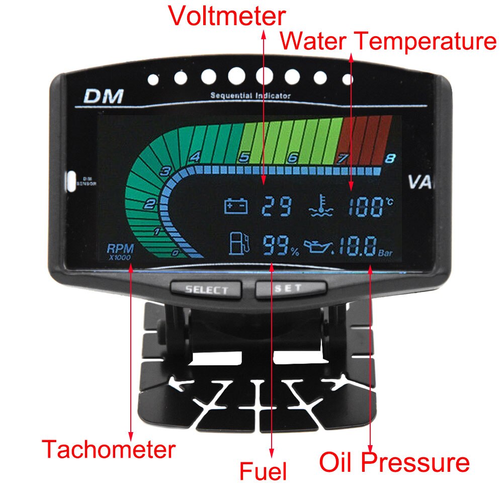 Sensor de temperatura del agua 5 en 1 para coche, medidor de temperatura de agua LCD de 10mm, voltímetro de voltios, indicador de combustible, tacómetro, medidor de presión de aceite, NPT1/8