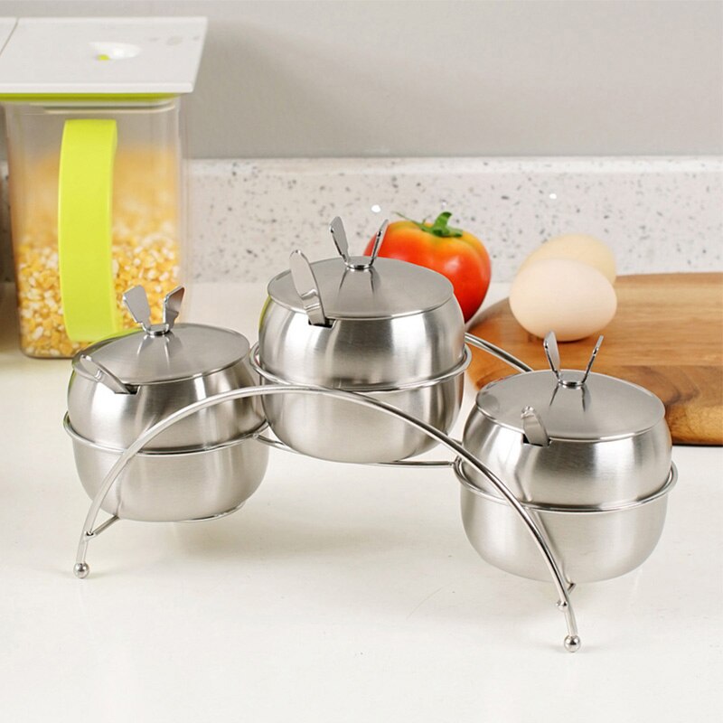 Conjunto de 7 unidades de utensilios de cocina en forma de manzana, recipiente para condimentos de acero inoxidable, recipiente para especias, Bol para azúcar, sal, jarros para servir cucharas