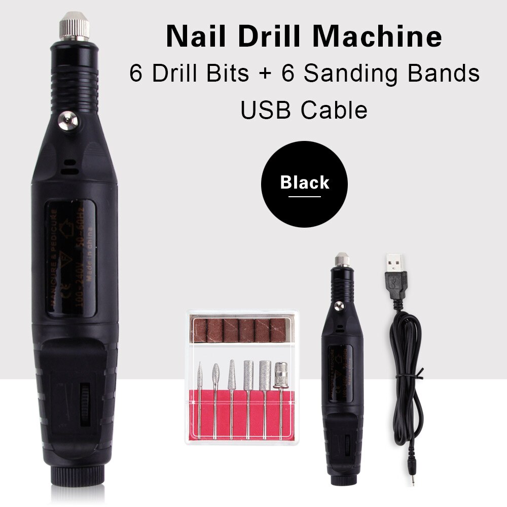 Electric Nail Drill Set Manicure Machine Pedicure Tool 6 Bits Sanding Buffer Apparatus Strong File Pen USB Charging: USB Black