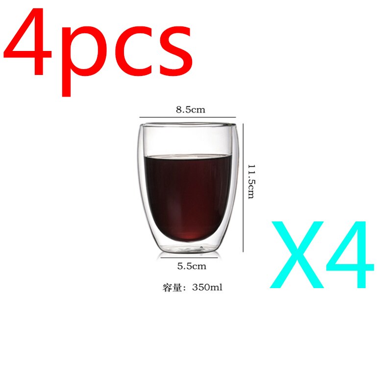Transparante Double-Layer Isolatie Cup Warmte-Proof Anti-Freeze Melk Kopje Koffie Kopje Thee Cup Drankkop ijs Cup: 350ml x4
