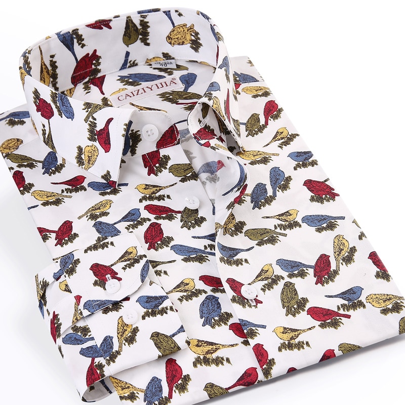Homme Oiseau Imprimant Partout Décontracté Plage Hawaïenne Chemises Poche sans Manches Longues coupe Standard Fleurs Coton Chemise