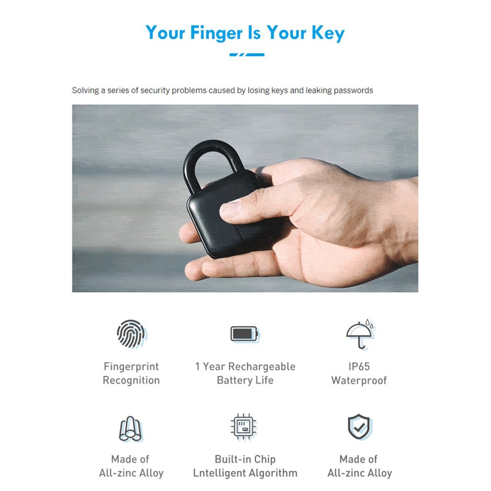 Smart Keyless Fingerprint Lock USB Rechargeable Electronic Anti-Theft Security Padlock IP65 Waterproof electronic door lock